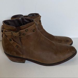 Brown leather ankle booties w studded boho straps